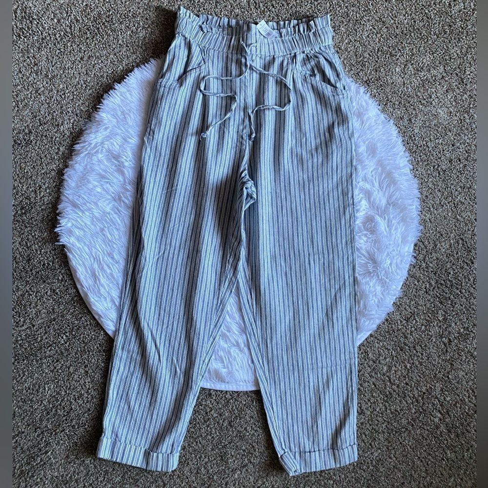 American Eagle Pants Linen Cotton Blend Stripes Drawstring Waist New Size Medium